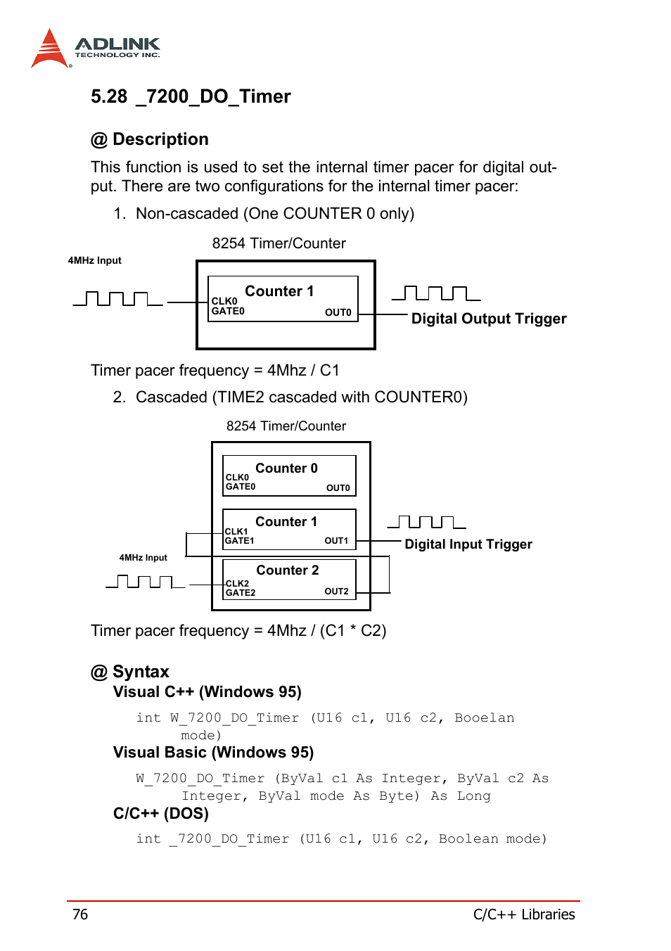 28 _7200_do_timer, Description, Syntax | Description @ syntax, Visual c++ (windows 95), Visual basic (windows 95), C/c++ (dos) | ADLINK PCI-7200 User Manual | Page 88 / 96