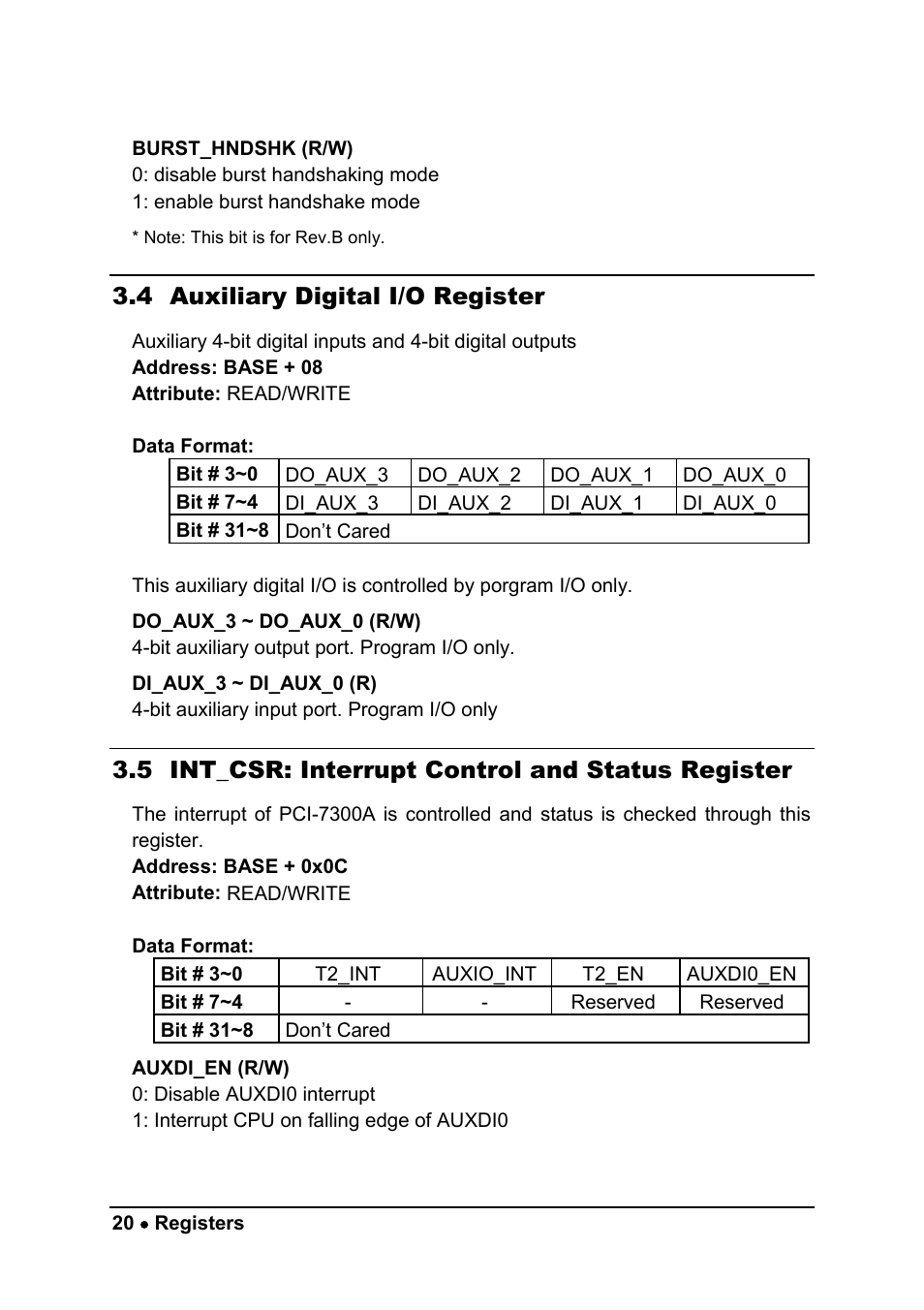 4 auxiliary digital i/o register, 5 int_csr: interrupt control and status register | ADLINK cPCI-7300 User Manual | Page 28 / 82