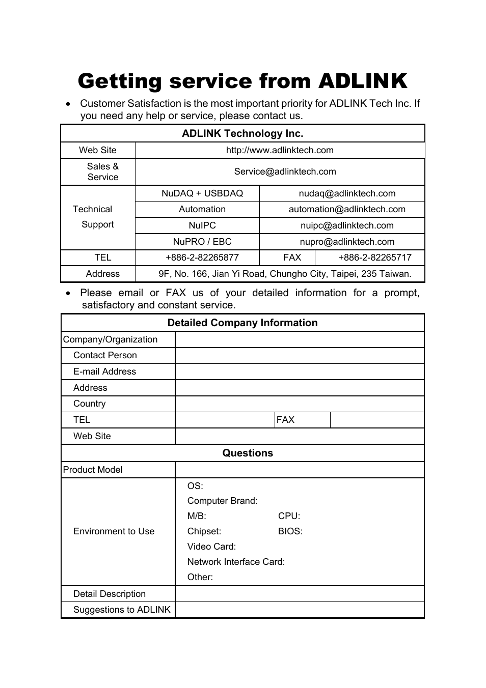 Getting service from adlink | ADLINK cPCI-7300 User Manual | Page 3 / 82