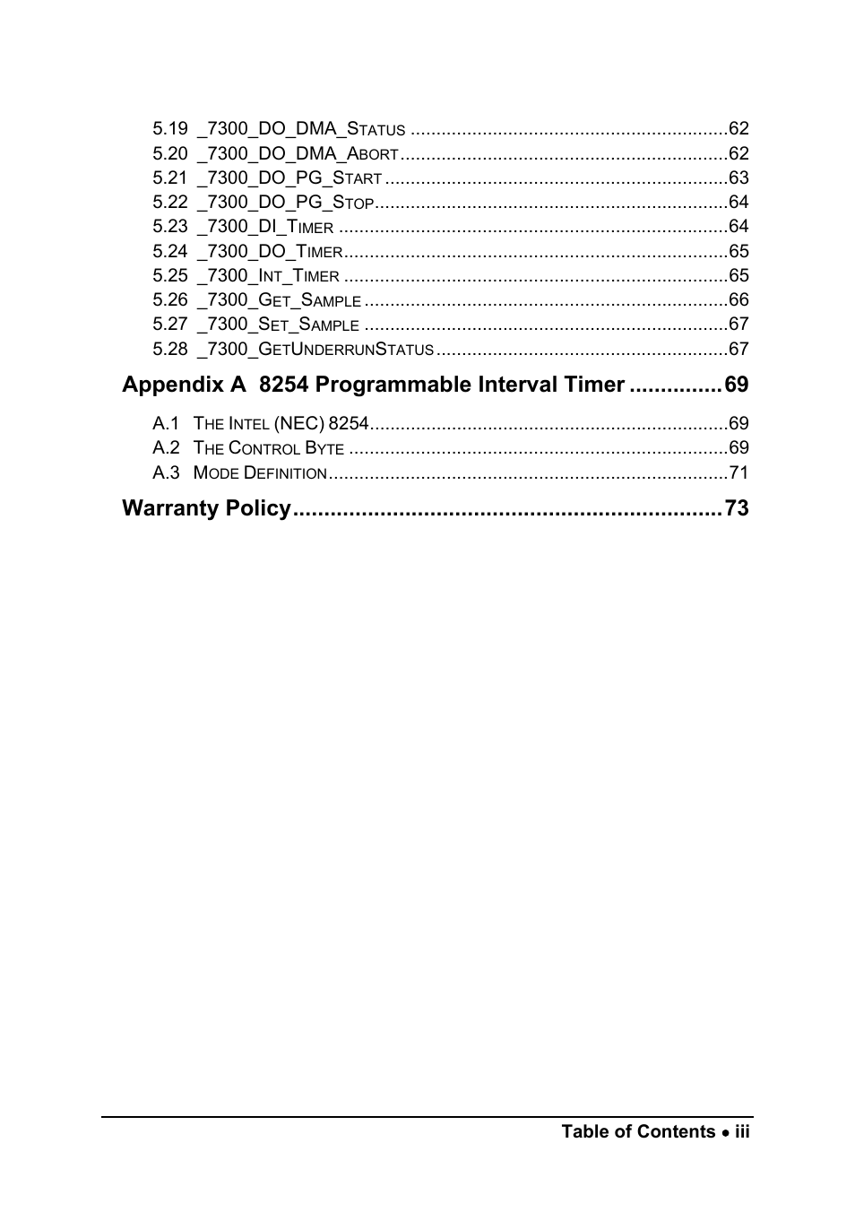 Appendix a 8254 programmable interval timer, Warranty policy | ADLINK cPCI-7300 User Manual | Page 7 / 82