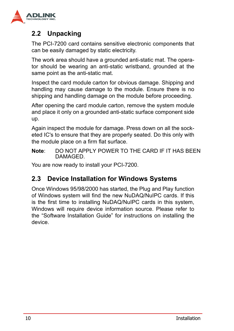 2 unpacking, 3 device installation for windows systems, Unpacking | Device installation for windows systems | ADLINK cPCI-7200 User Manual | Page 22 / 96