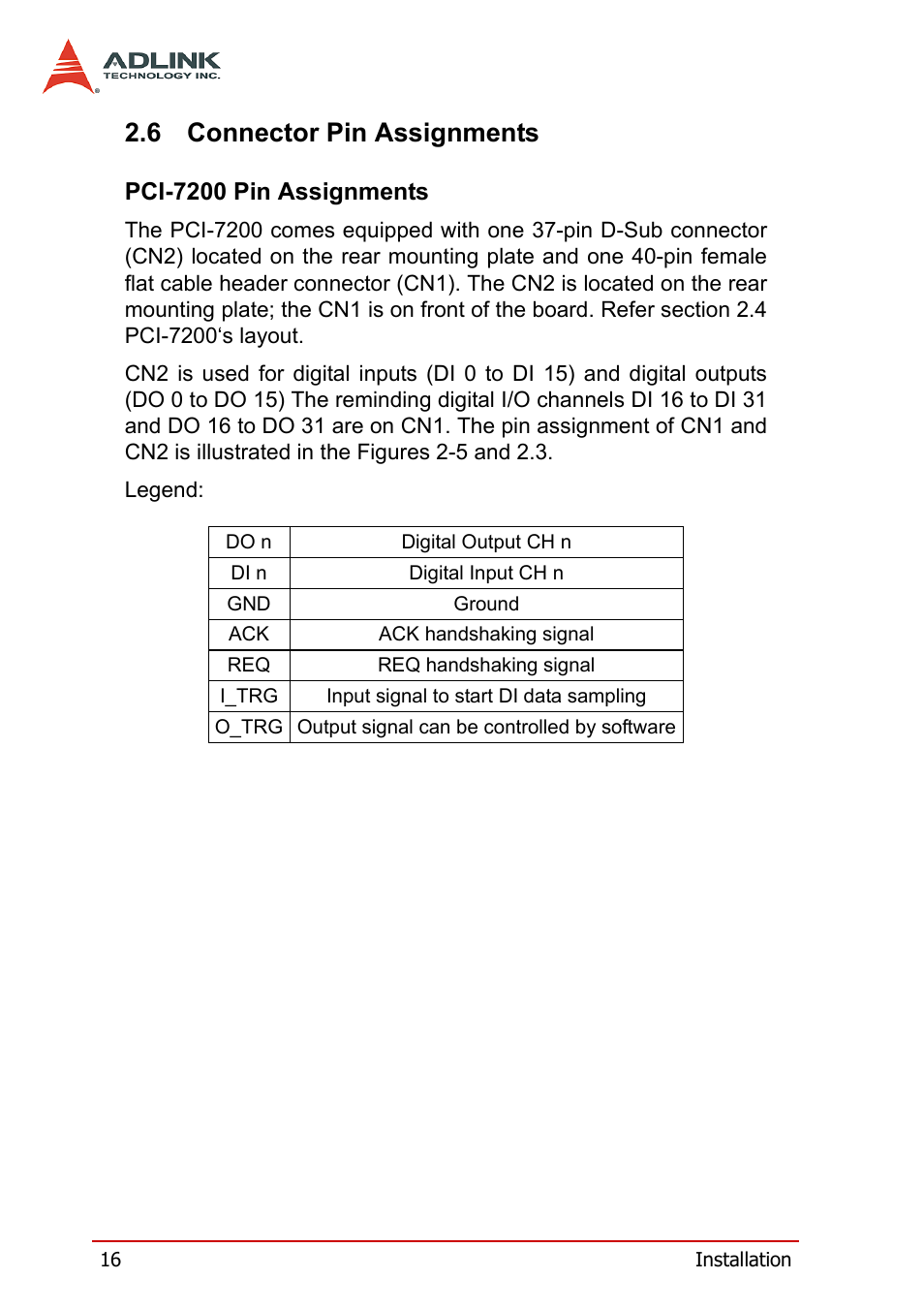 6 connector pin assignments, Pci-7200 pin assignments, Connector pin assignments | ADLINK cPCI-7200 User Manual | Page 28 / 96