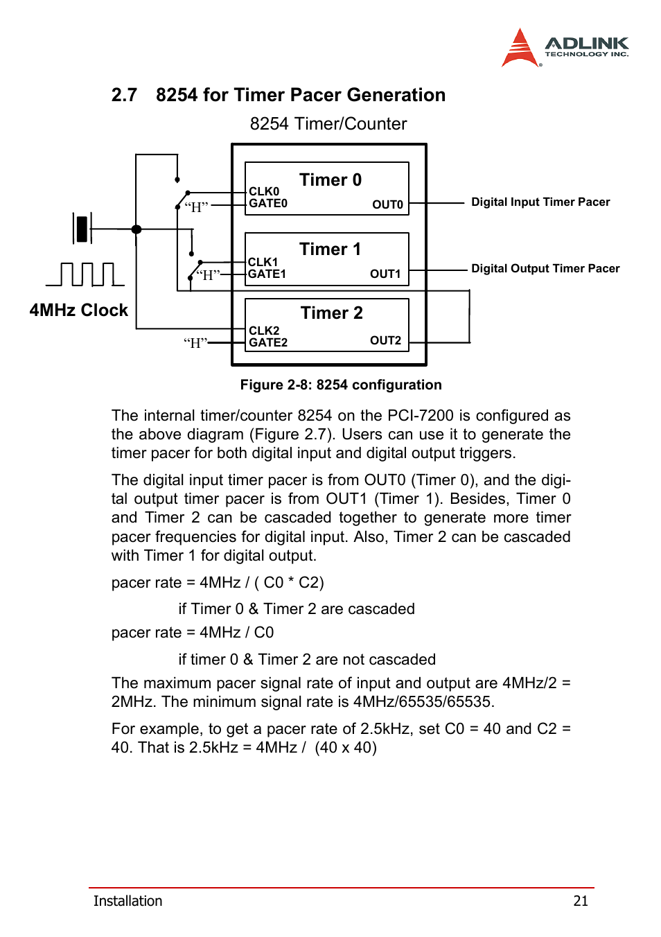 7 8254 for timer pacer generation, 8254 for timer pacer generation, Figure 2-8: 8254 configuration | Timer 0 timer 1 timer 2, 8254 timer/counter, 4mhz clock | ADLINK cPCI-7200 User Manual | Page 33 / 96