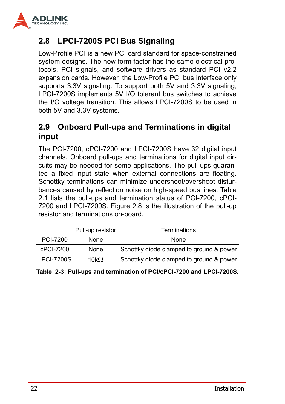 8 lpci-7200s pci bus signaling, Lpci-7200s pci bus signaling, Onboard pull-ups and terminations in digital input | 7200s | ADLINK cPCI-7200 User Manual | Page 34 / 96