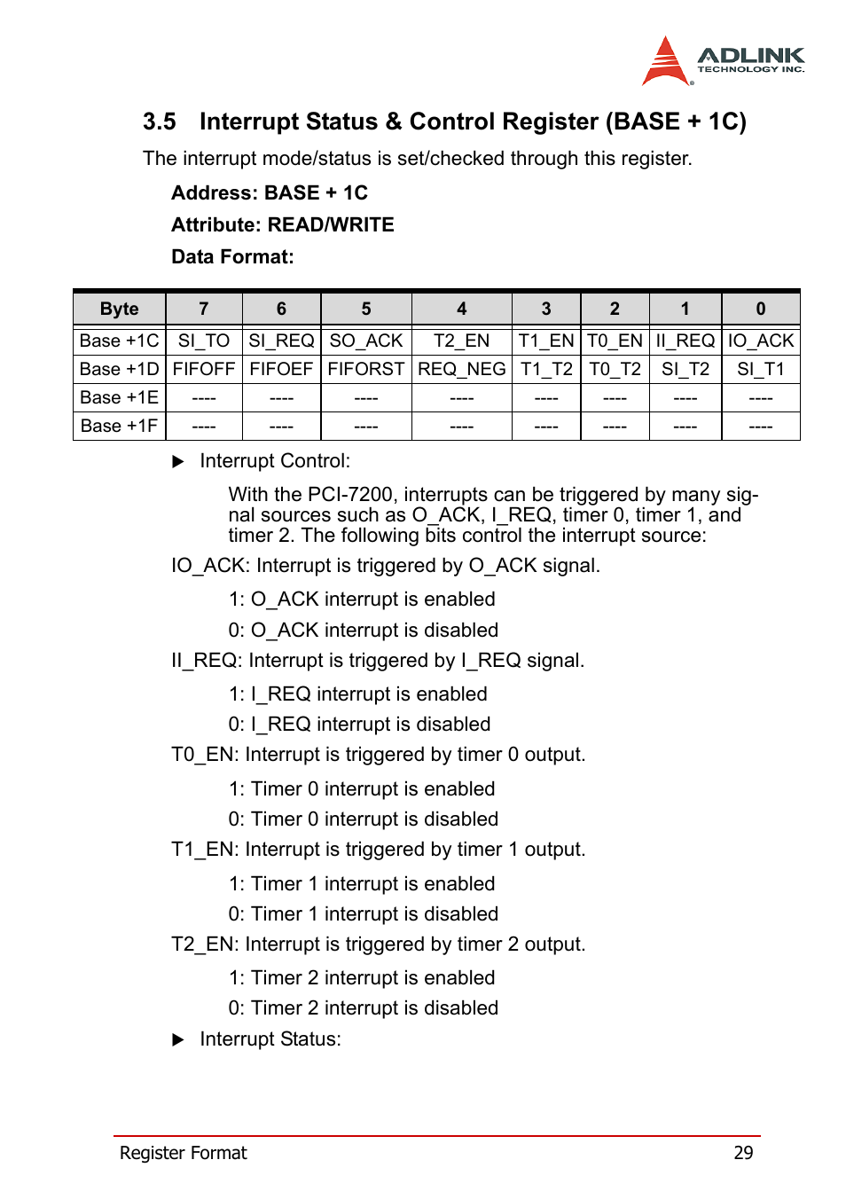 5 interrupt status & control register (base + 1c), Interrupt status & control register (base + 1c) | ADLINK cPCI-7200 User Manual | Page 41 / 96