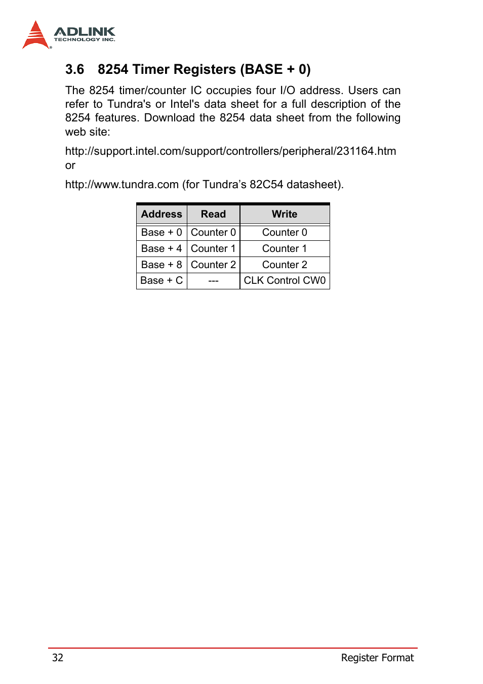 6 8254 timer registers (base + 0), 8254 timer registers (base + 0) | ADLINK cPCI-7200 User Manual | Page 44 / 96