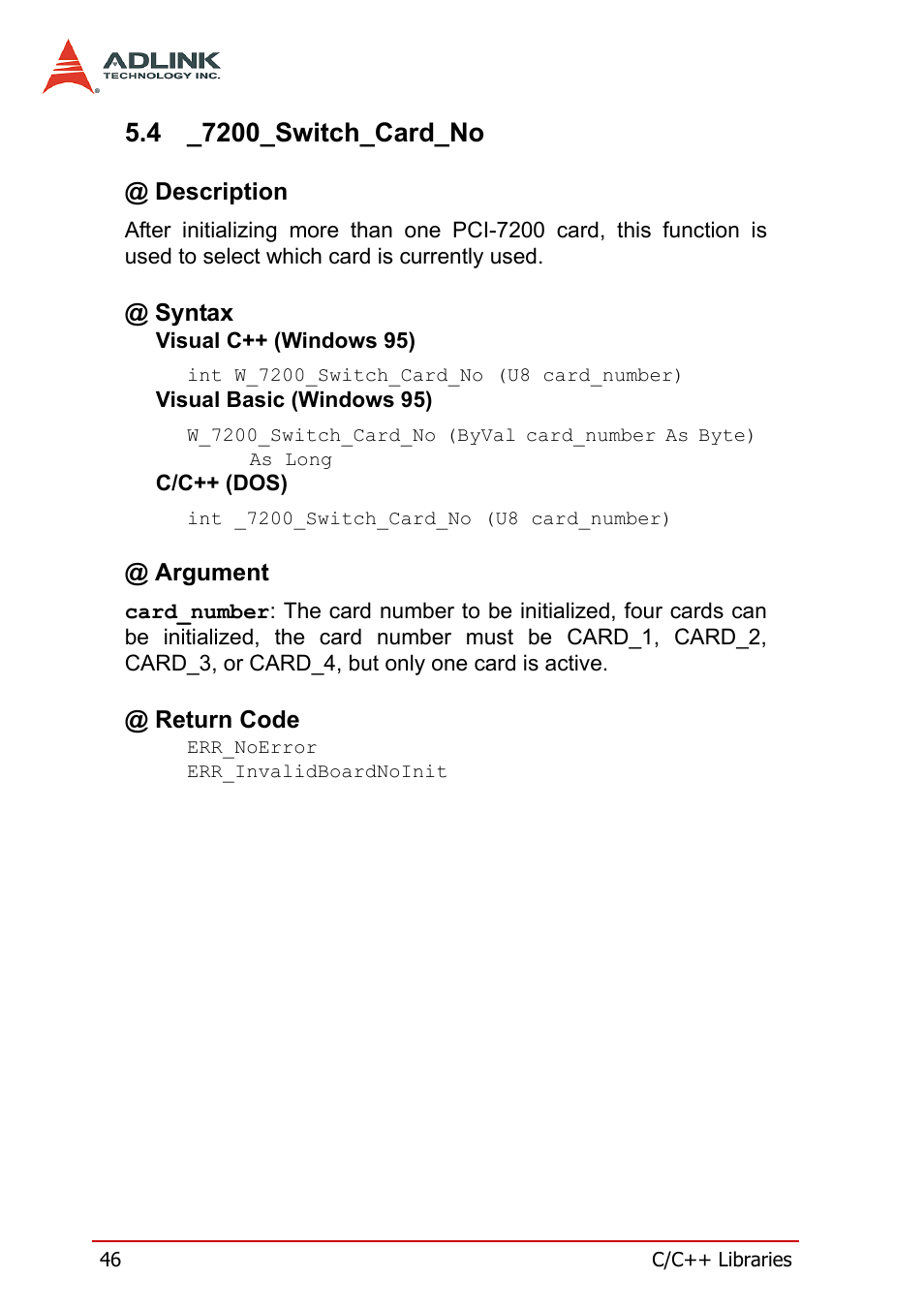 4 _7200_switch_card_no, Description, Syntax | Argument, Return code, 7200_switch_card_no, Description @ syntax @ argument @ return code | ADLINK cPCI-7200 User Manual | Page 58 / 96