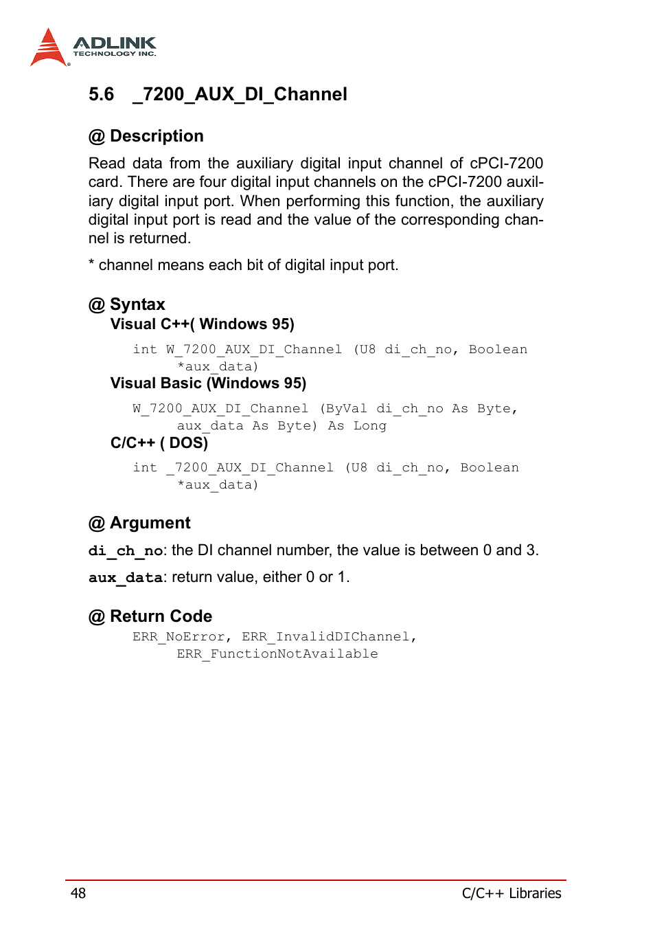6 _7200_aux_di_channel, Description, Syntax | Argument, Return code, 7200_aux_di_channel, Description @ syntax @ argument @ return code | ADLINK cPCI-7200 User Manual | Page 60 / 96
