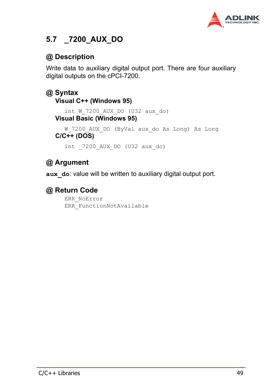 7 _7200_aux_do, Description, Syntax | Argument, Return code, 7200_aux_do, Description @ syntax, Argument @ return code | ADLINK cPCI-7200 User Manual | Page 61 / 96