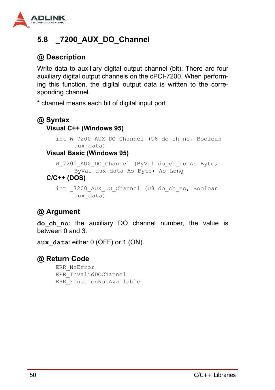 8 _7200_aux_do_channel, Description, Syntax | Argument, Return code, 7200_aux_do_channel, Description @ syntax @ argument @ return code | ADLINK cPCI-7200 User Manual | Page 62 / 96