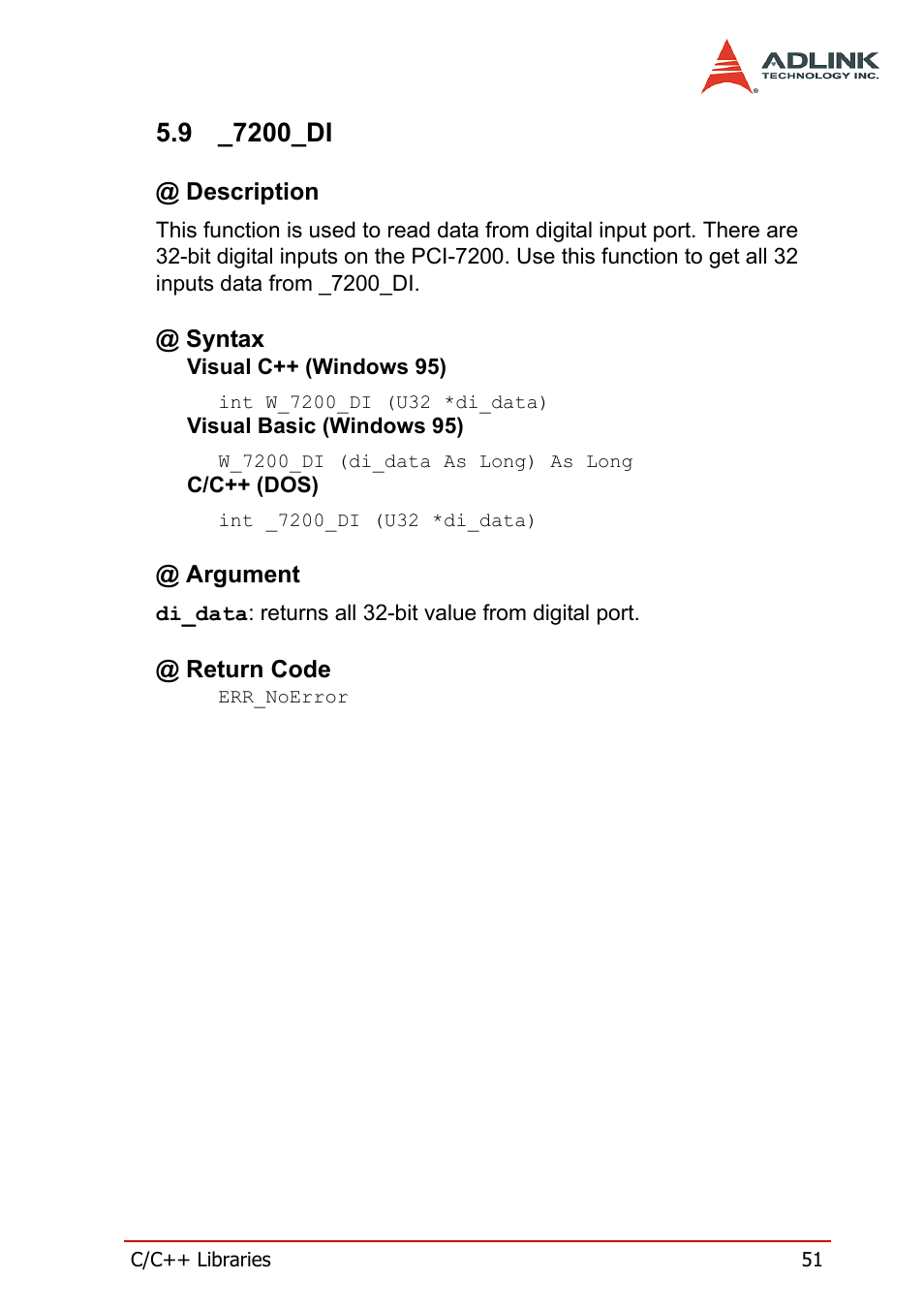9 _7200_di, Description, Syntax | Argument, Return code, 7200_di, Description @ syntax @ argument @ return code | ADLINK cPCI-7200 User Manual | Page 63 / 96