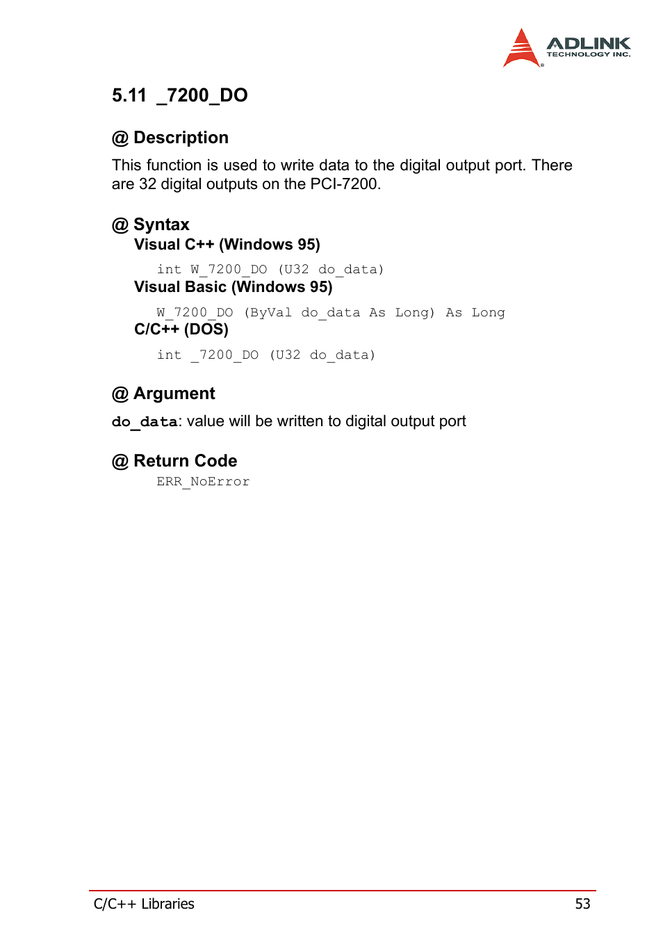 11 _7200_do, Description, Syntax | Argument, Return code, Description @ syntax @ argument @ return code | ADLINK cPCI-7200 User Manual | Page 65 / 96