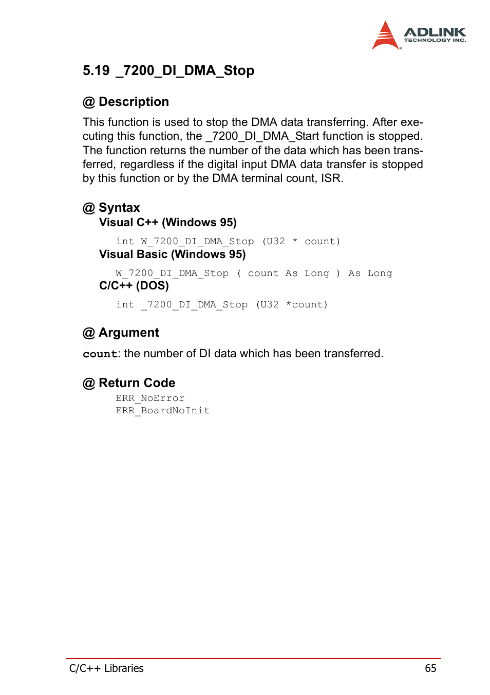 19 _7200_di_dma_stop, Description, Syntax | Argument, Return code, Description @ syntax @ argument @ return code | ADLINK cPCI-7200 User Manual | Page 77 / 96