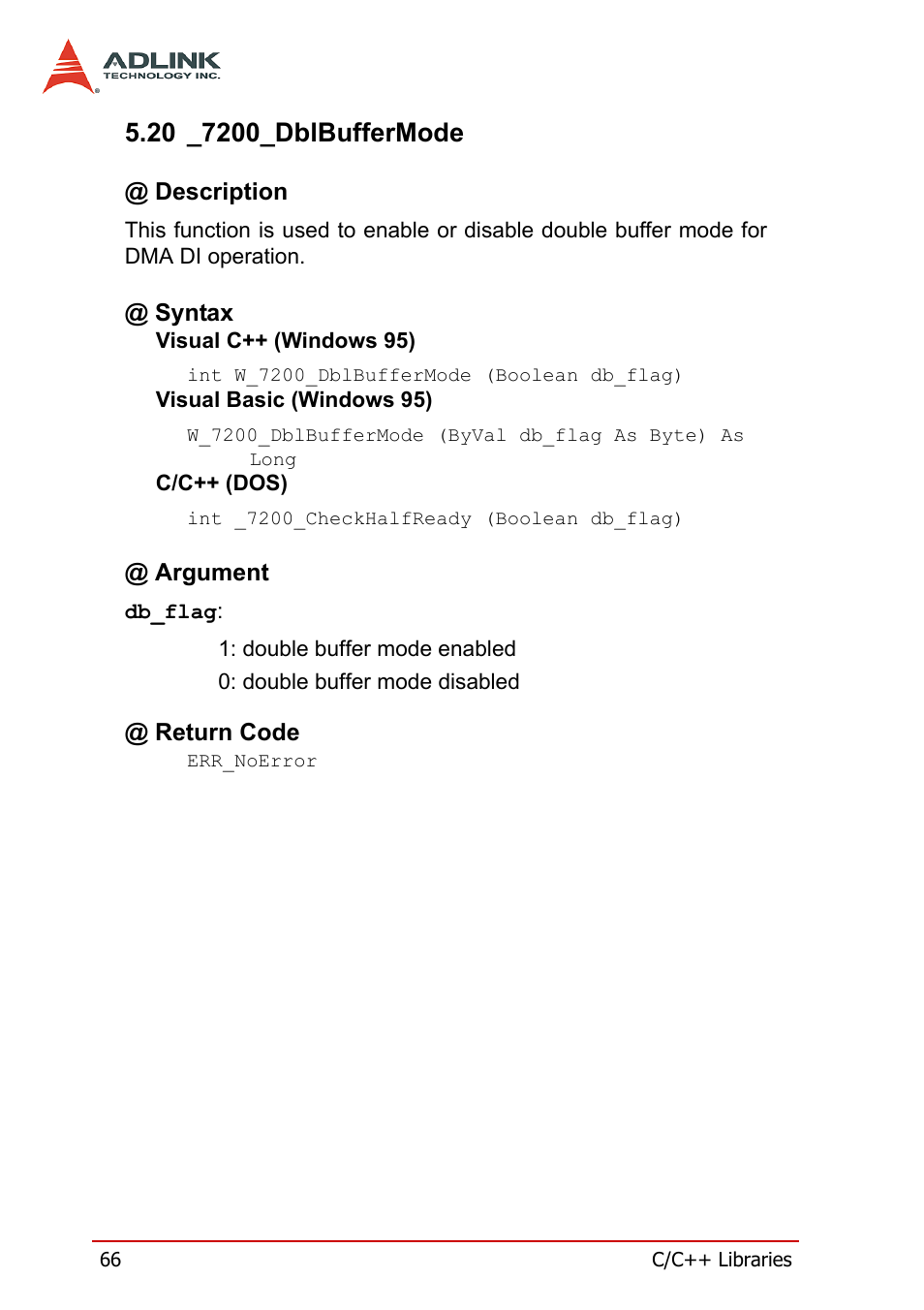 20 _7200_dblbuffermode, Description, Syntax | Argument, Return code, Description @ syntax @ argument @ return code | ADLINK cPCI-7200 User Manual | Page 78 / 96