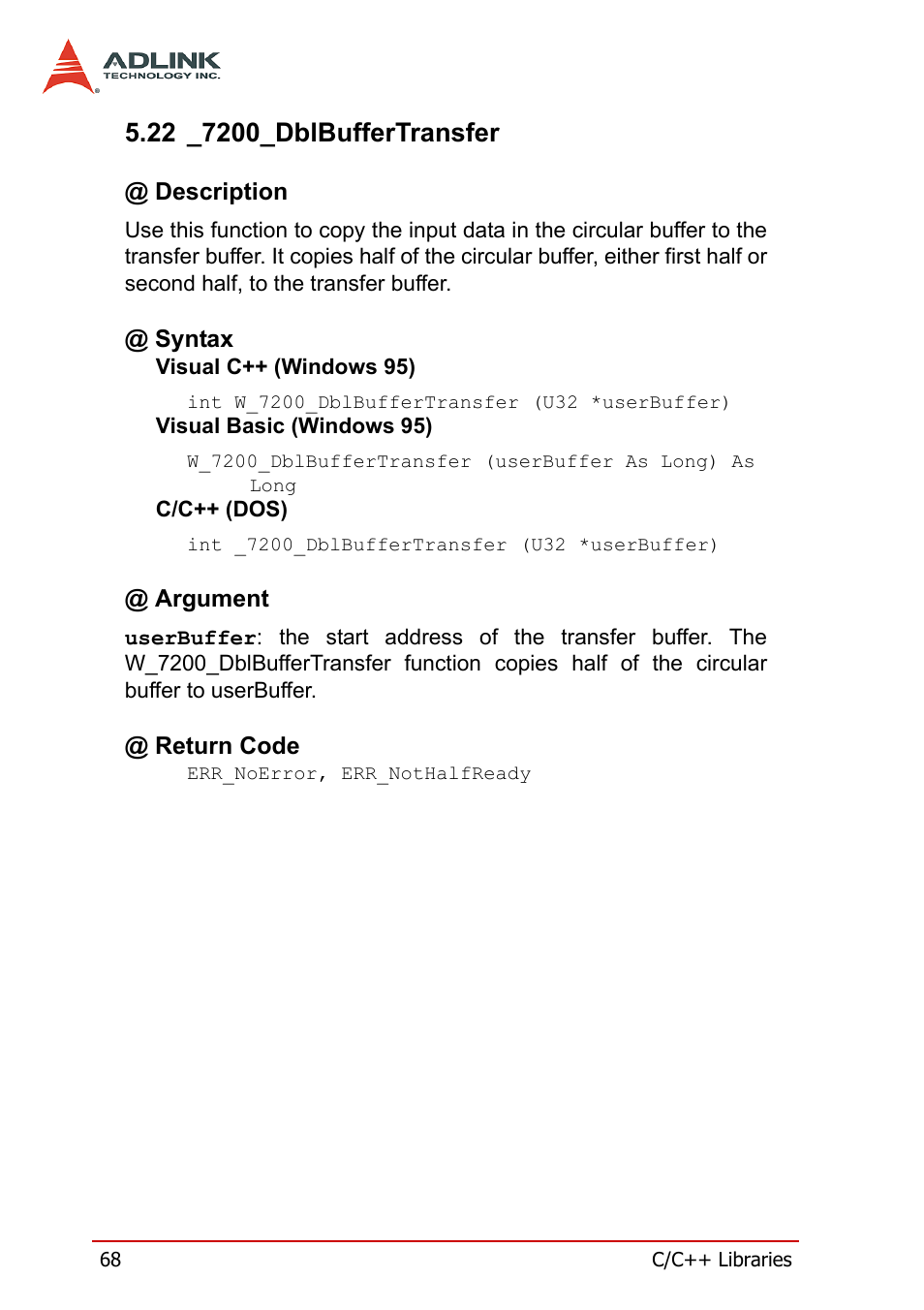 22 _7200_dblbuffertransfer, Description, Syntax | Argument, Return code, Description @ syntax @ argument @ return code | ADLINK cPCI-7200 User Manual | Page 80 / 96