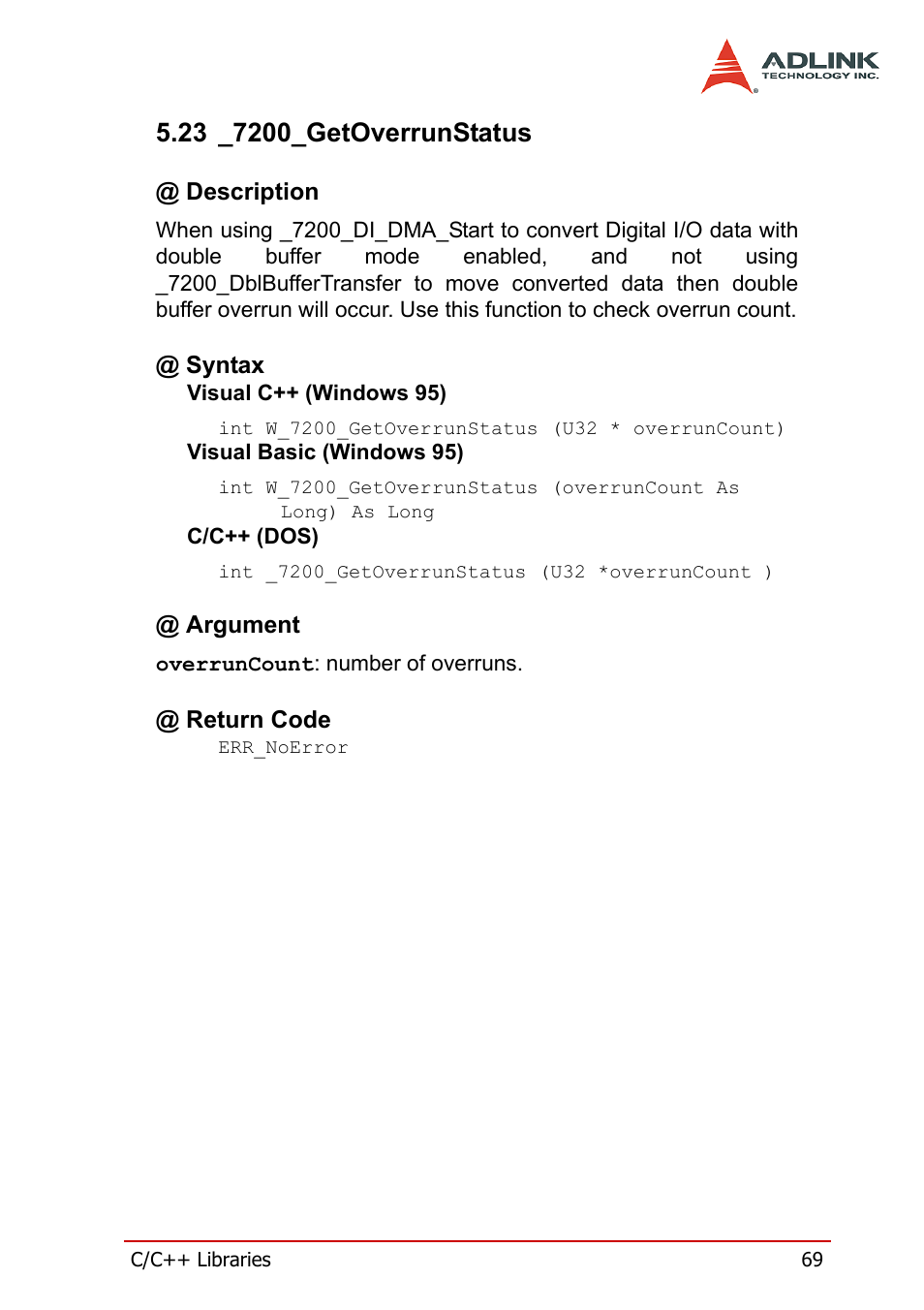 23 _7200_getoverrunstatus, Description, Syntax | Argument, Return code, Description @ syntax, Argument @ return code | ADLINK cPCI-7200 User Manual | Page 81 / 96