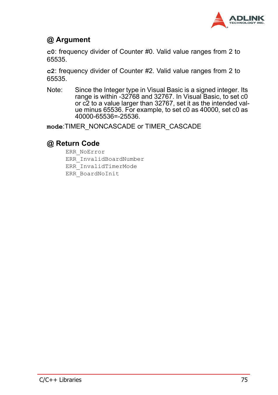 Argument, Return code, Argument @ return code | ADLINK cPCI-7200 User Manual | Page 87 / 96