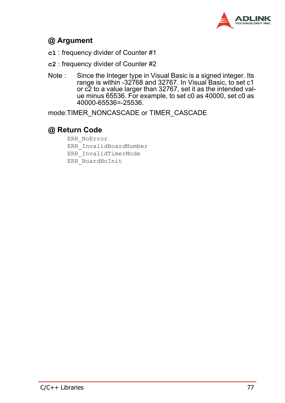 Argument, Return code, Argument @ return code | ADLINK cPCI-7200 User Manual | Page 89 / 96