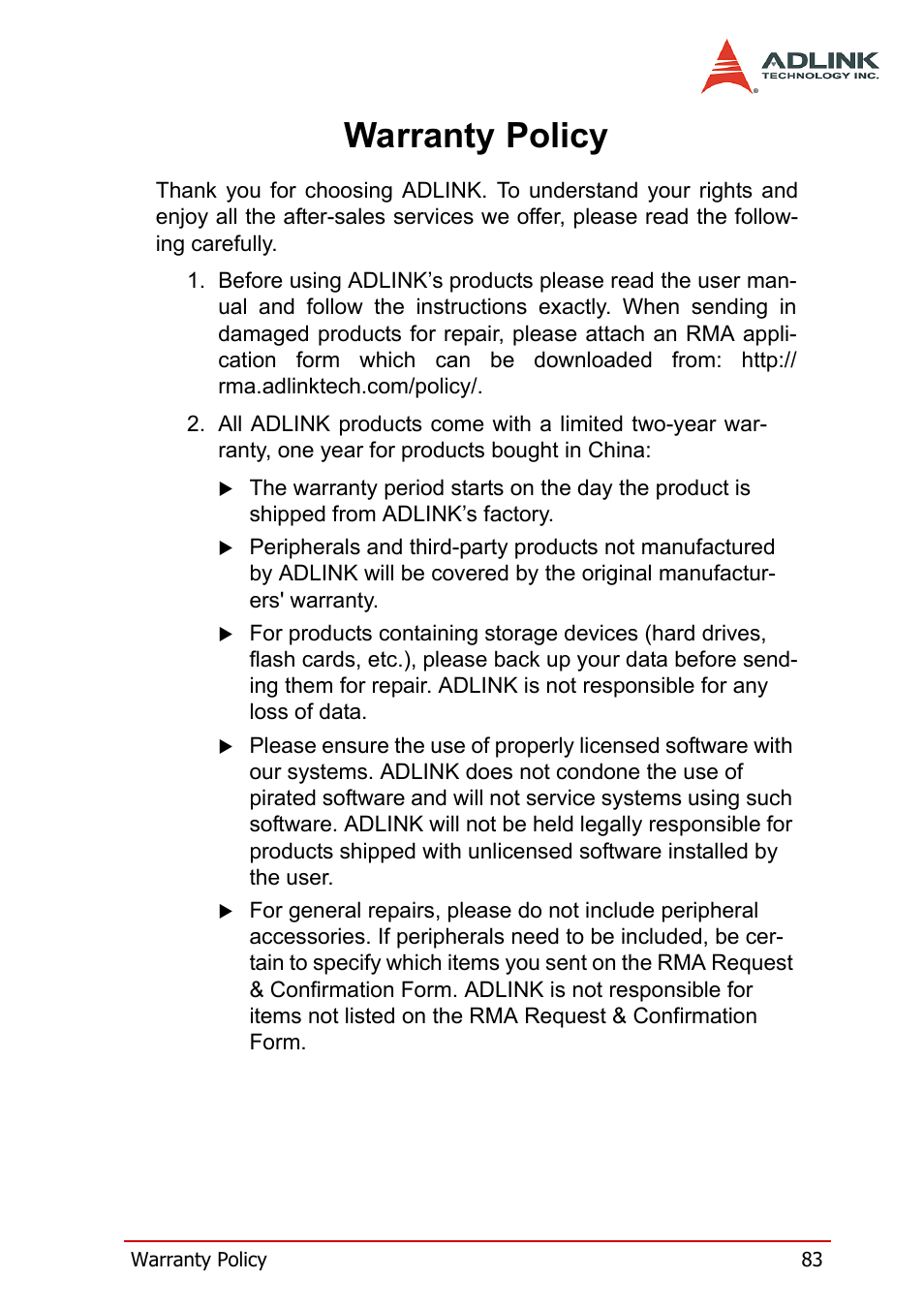 Warranty policy | ADLINK cPCI-7200 User Manual | Page 95 / 96