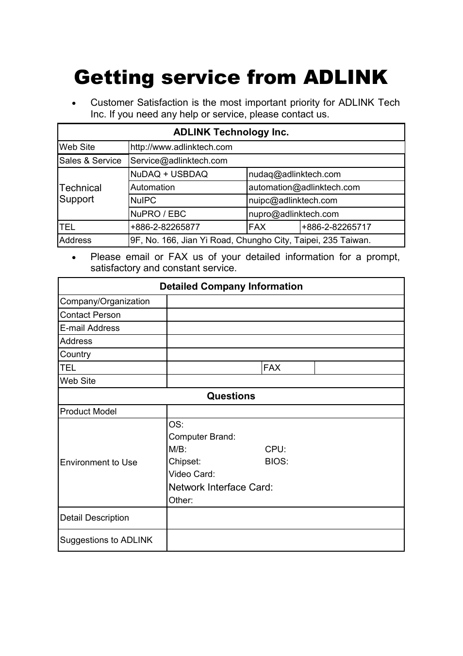Getting service from adlink | ADLINK cPCI-8554/R User Manual | Page 4 / 67