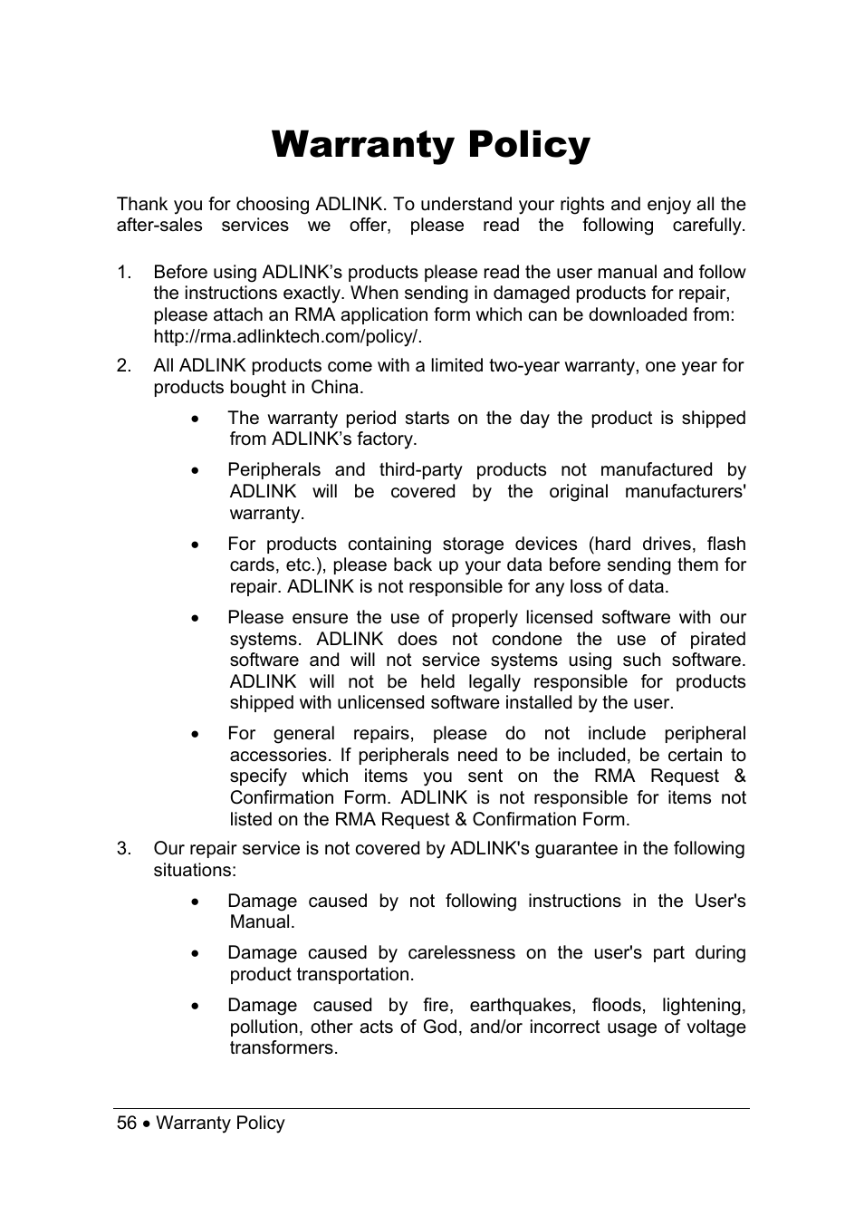 Warranty policy | ADLINK cPCI-8554/R User Manual | Page 66 / 67
