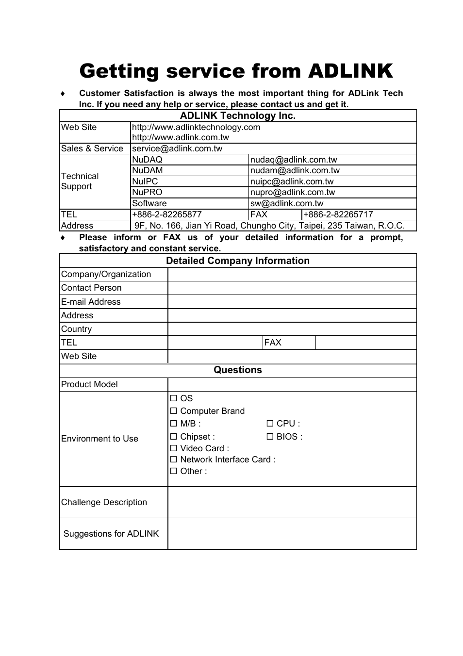 Getting service from adlink | ADLINK ACL-8454/12 User Manual | Page 4 / 63