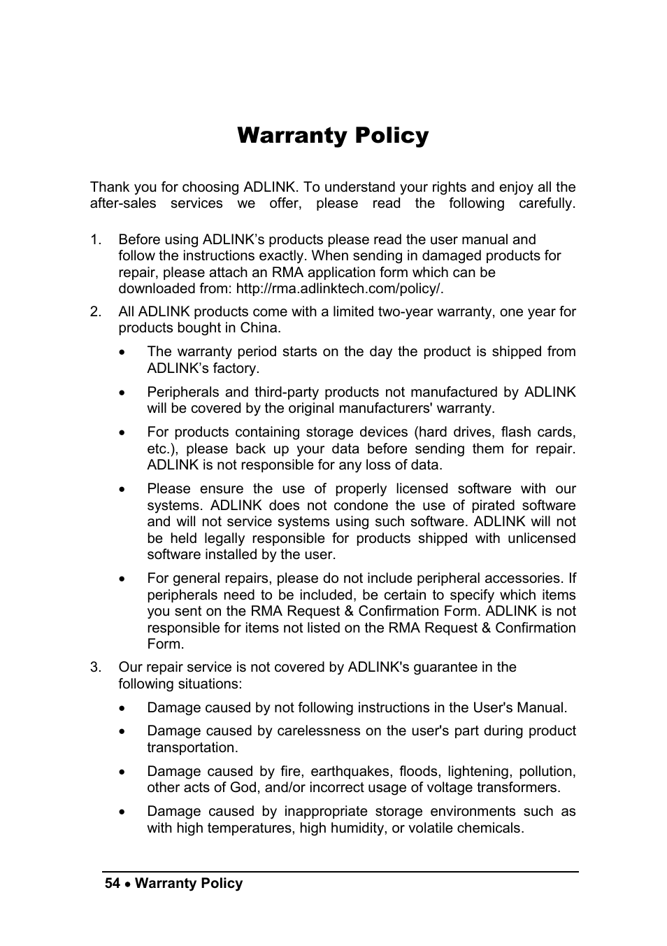 Warranty policy | ADLINK ACL-8454/12 User Manual | Page 62 / 63