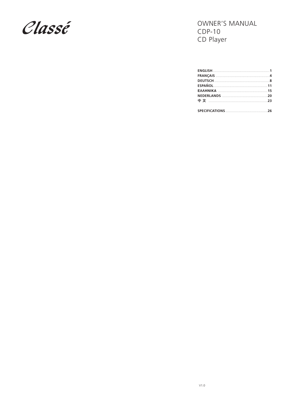 Classe Audio CDP-10 User Manual | 29 pages