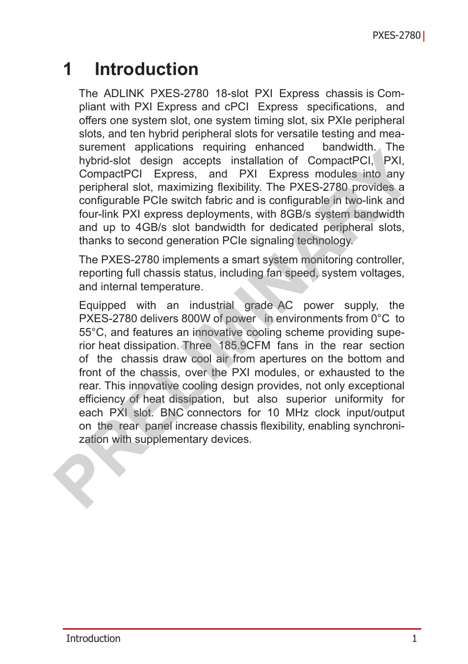 1 introduction, Preliminary | ADLINK PXES-2780 User Manual | Page 11 / 56