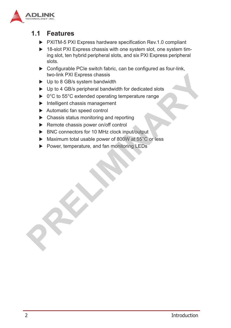 1 features, Features, Preliminary | ADLINK PXES-2780 User Manual | Page 12 / 56