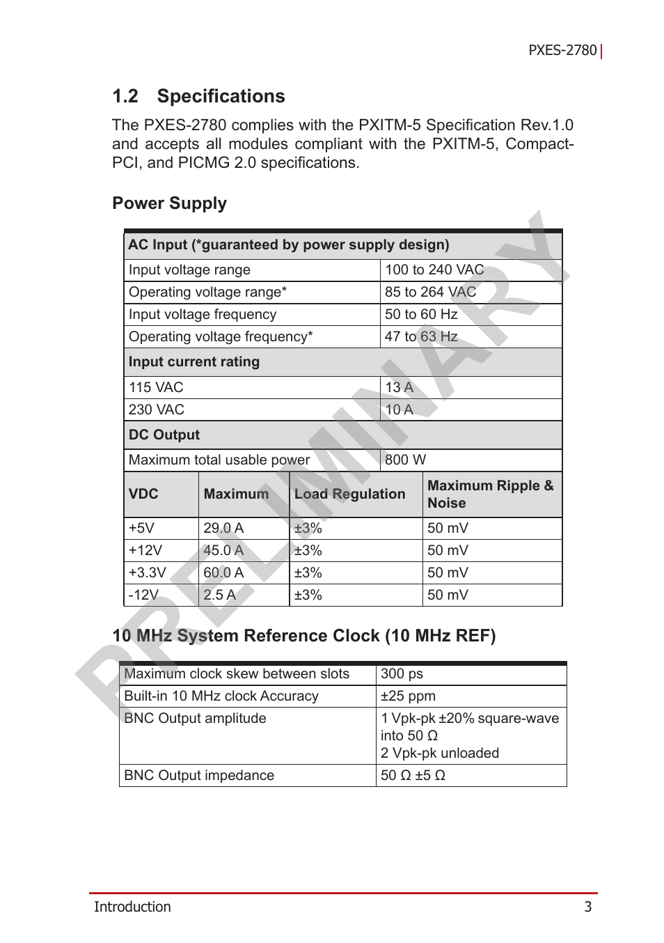 2 specifications, Power supply, 10 mhz system reference clock (10 mhz ref) | Specifications, Preliminary | ADLINK PXES-2780 User Manual | Page 13 / 56