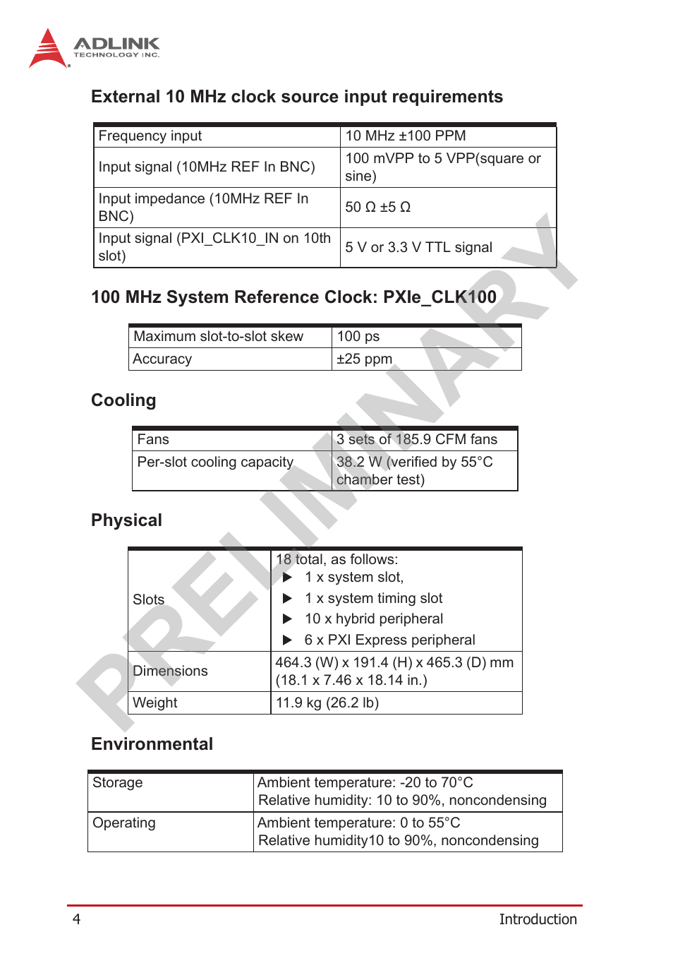 External 10 mhz clock source input requirements, 100 mhz system reference clock: pxie_clk100, Cooling | Physical, Environmental, Preliminary | ADLINK PXES-2780 User Manual | Page 14 / 56