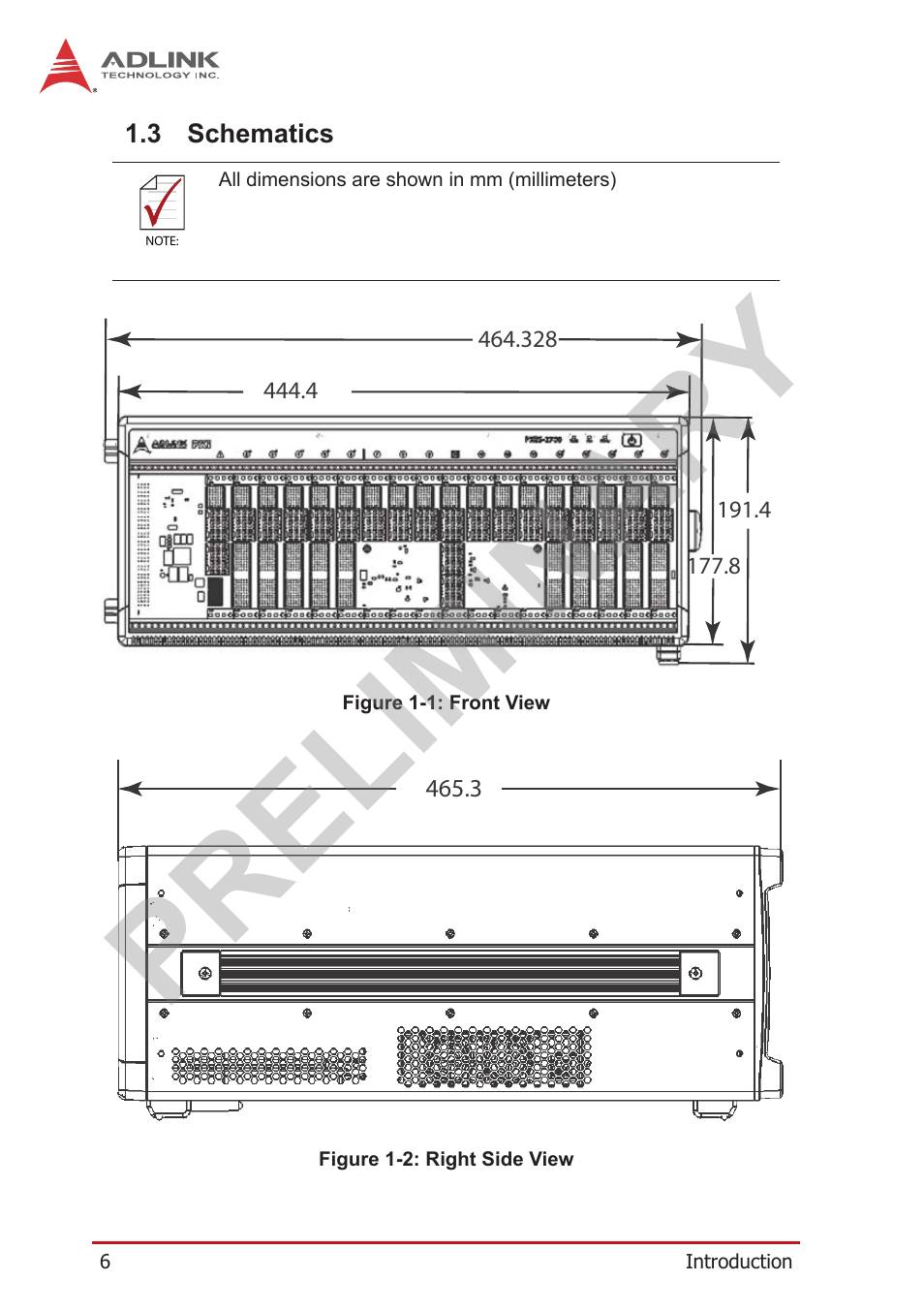 3 schematics, Schematics, Figure 1-1 | Front view, Figure 1-2, Right side view, Preliminary | ADLINK PXES-2780 User Manual | Page 16 / 56