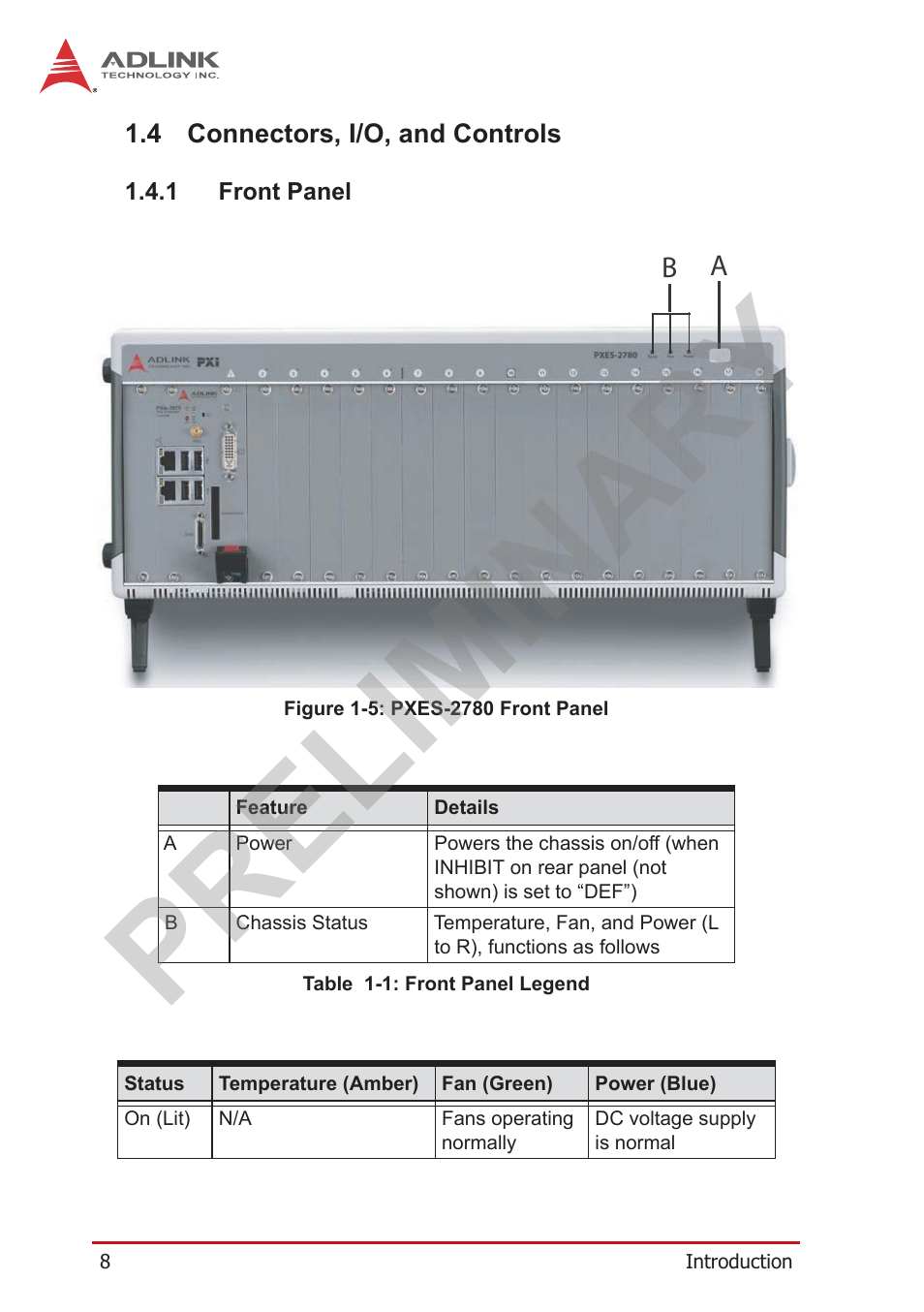 4 connectors, i/o, and controls, 1 front panel, Connectors, i/o, and controls | Front panel, Figure 1-5, Pxes-2780 front panel, Table 1-1: front panel legend, Preliminary | ADLINK PXES-2780 User Manual | Page 18 / 56