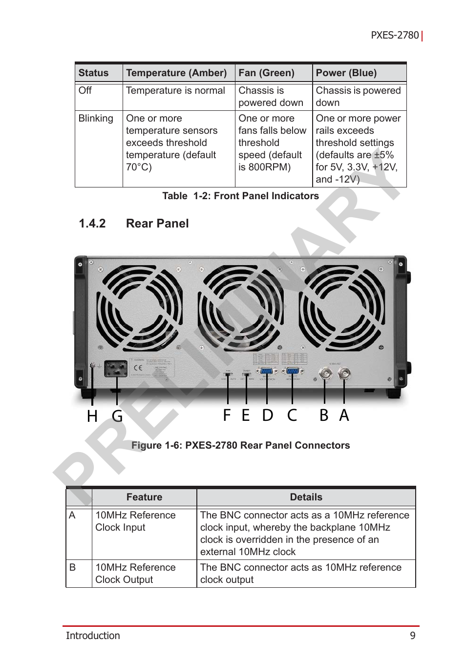 2 rear panel, Rear panel, Figure 1-6 | Pxes-2780 rear panel connectors, Table 1-2: front panel indicators, Preliminary | ADLINK PXES-2780 User Manual | Page 19 / 56