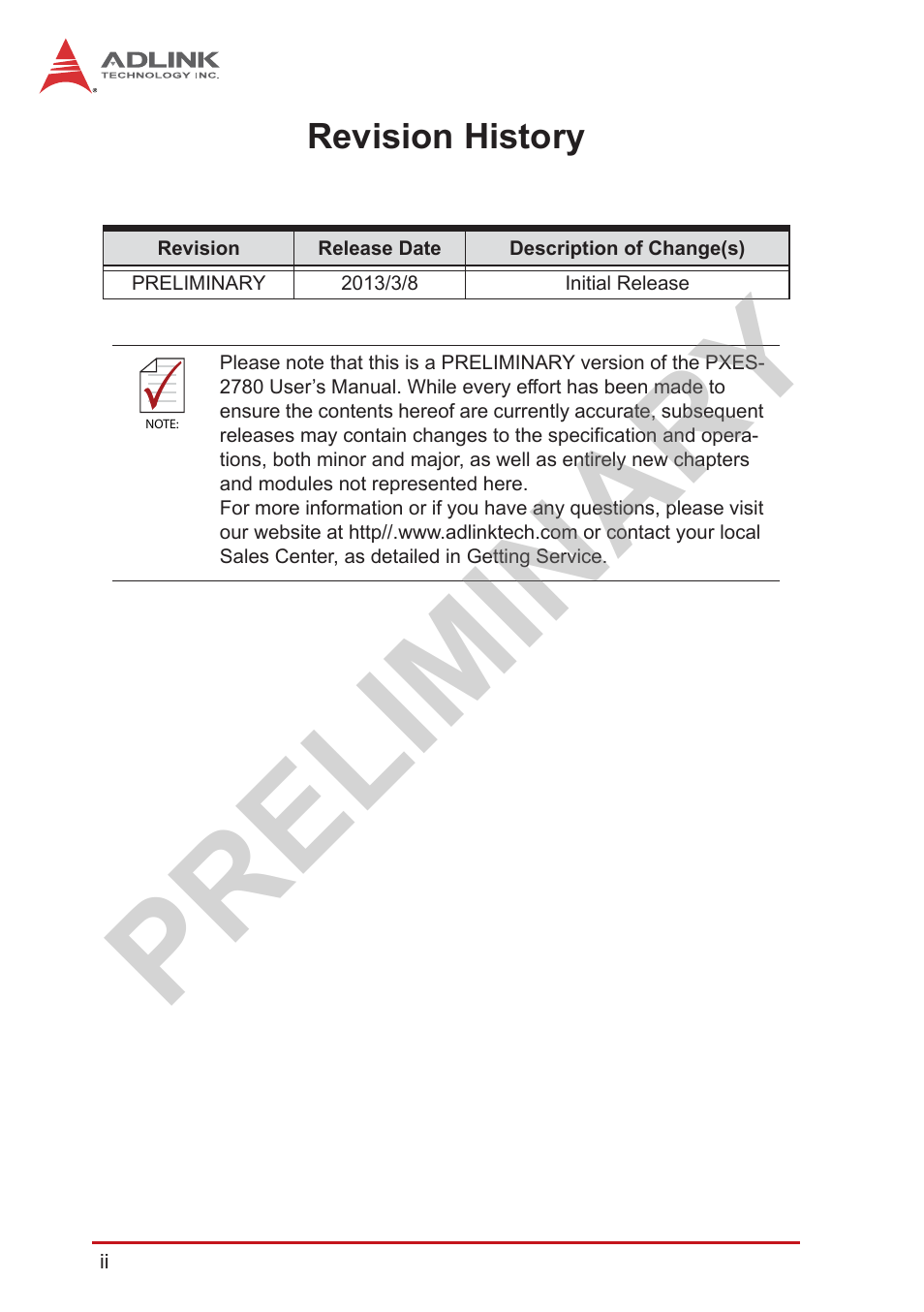 Preliminary, Revision history | ADLINK PXES-2780 User Manual | Page 2 / 56