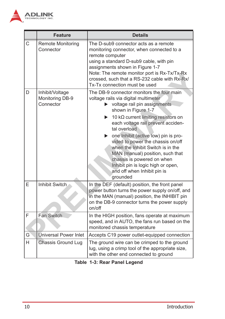 Table 1-3: rear panel legend, Preliminary | ADLINK PXES-2780 User Manual | Page 20 / 56