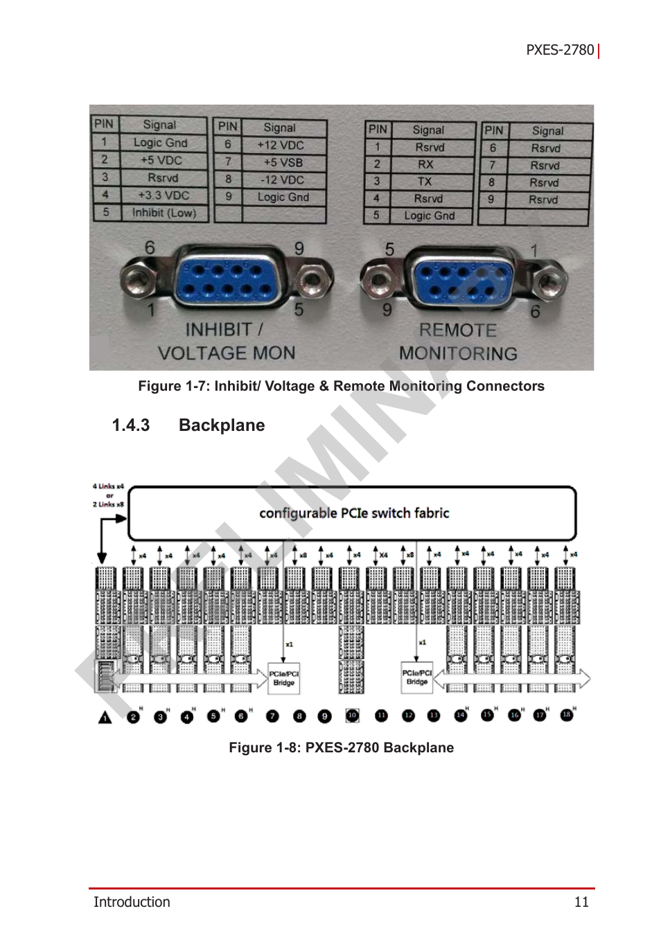 3 backplane, Backplane, Figure 1-7 | Inhibit/ voltage & remote monitoring connectors, Figure 1-8, Pxes-2780 backplane, Preliminary | ADLINK PXES-2780 User Manual | Page 21 / 56