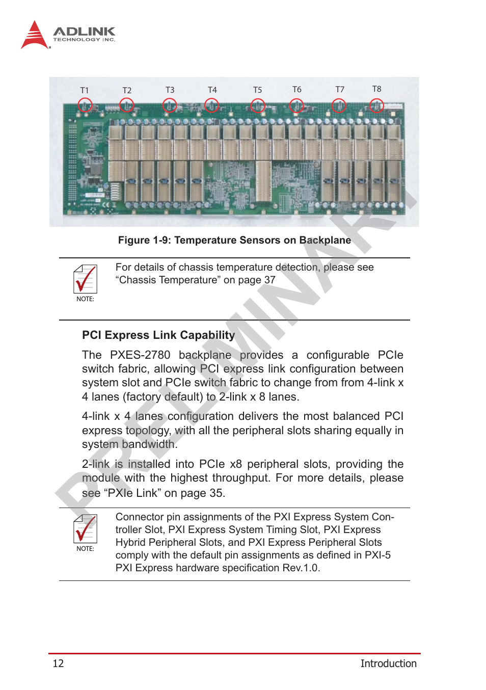Figure 1-9, Temperature sensors on backplane, Preliminary | ADLINK PXES-2780 User Manual | Page 22 / 56