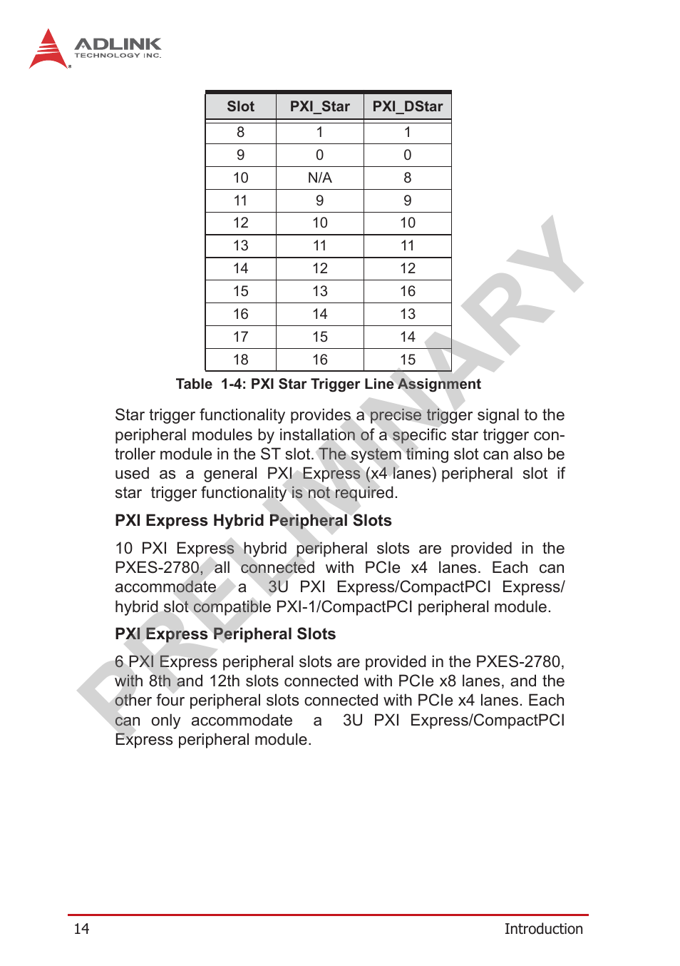 Table 1-4: pxi star trigger line assignment, Preliminary | ADLINK PXES-2780 User Manual | Page 24 / 56