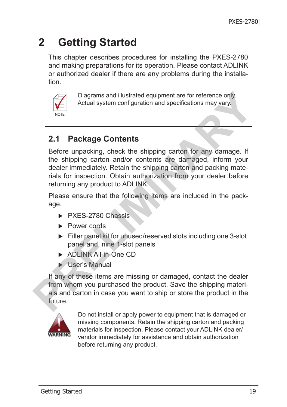 2 getting started, 1 package contents, Package contents | Preliminary, 2getting started | ADLINK PXES-2780 User Manual | Page 29 / 56