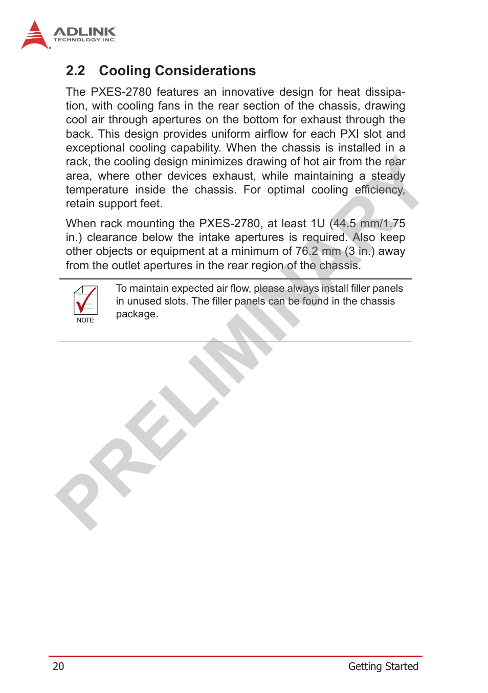 2 cooling considerations, Cooling considerations, Preliminary | ADLINK PXES-2780 User Manual | Page 30 / 56