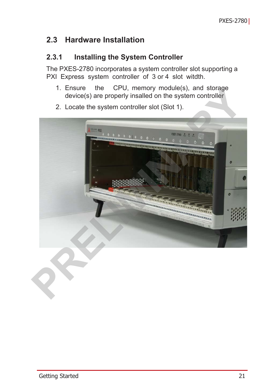 3 hardware installation, 1 installing the system controller, Hardware installation | Installing the system controller, Preliminary | ADLINK PXES-2780 User Manual | Page 31 / 56