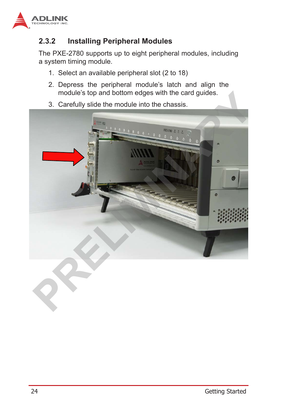 2 installing peripheral modules, Installing peripheral modules, Preliminary | ADLINK PXES-2780 User Manual | Page 34 / 56