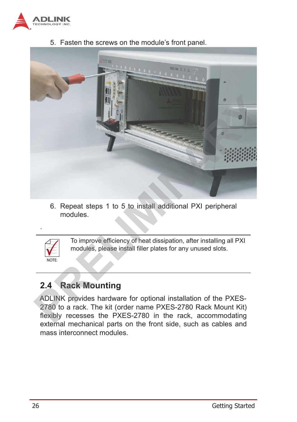 4 rack mounting, Rack mounting, Preliminary | ADLINK PXES-2780 User Manual | Page 36 / 56