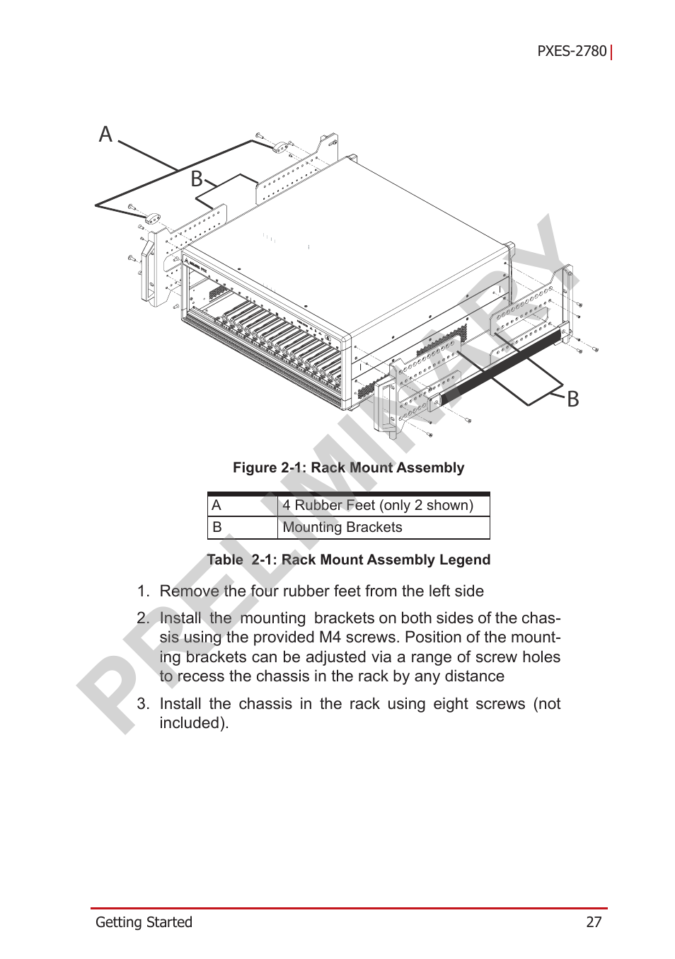 Figure 2-1, Rack mount assembly, Table 2-1: rack mount assembly legend | Preliminary | ADLINK PXES-2780 User Manual | Page 37 / 56