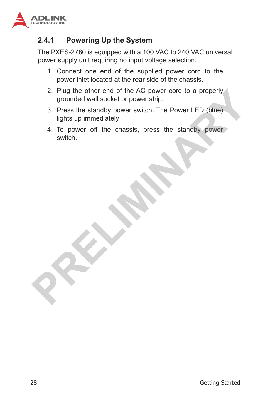 1 powering up the system, Powering up the system, Preliminary | ADLINK PXES-2780 User Manual | Page 38 / 56