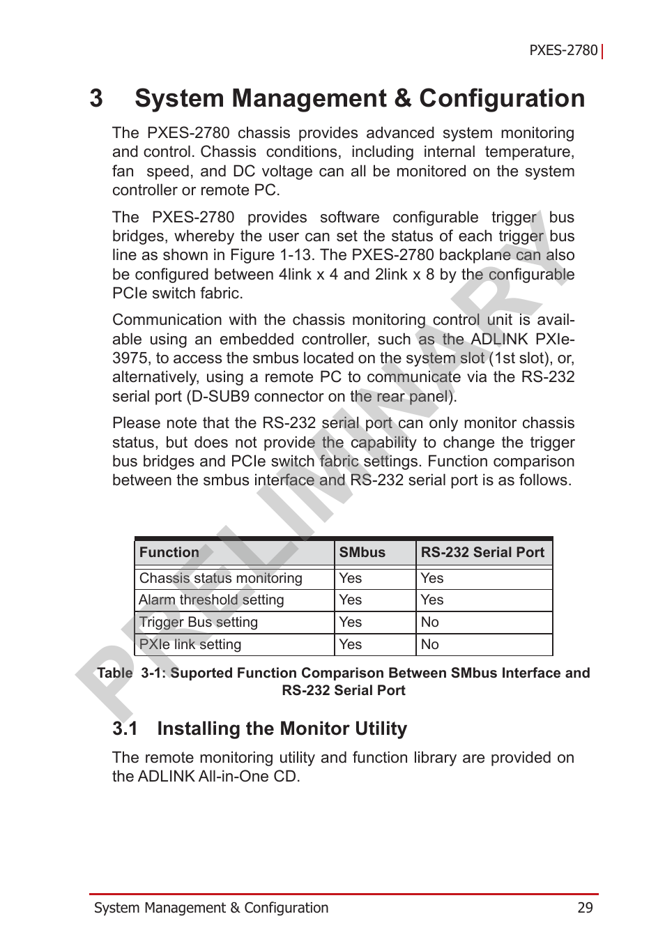 3 system management & configuration, 1 installing the monitor utility, Installing the monitor utility | Table 3-1: suported function comparison between, Preliminary, 3system management & configuration | ADLINK PXES-2780 User Manual | Page 39 / 56