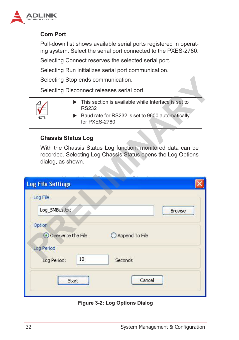 Figure 3-2, Log options dialog, Preliminary | ADLINK PXES-2780 User Manual | Page 42 / 56