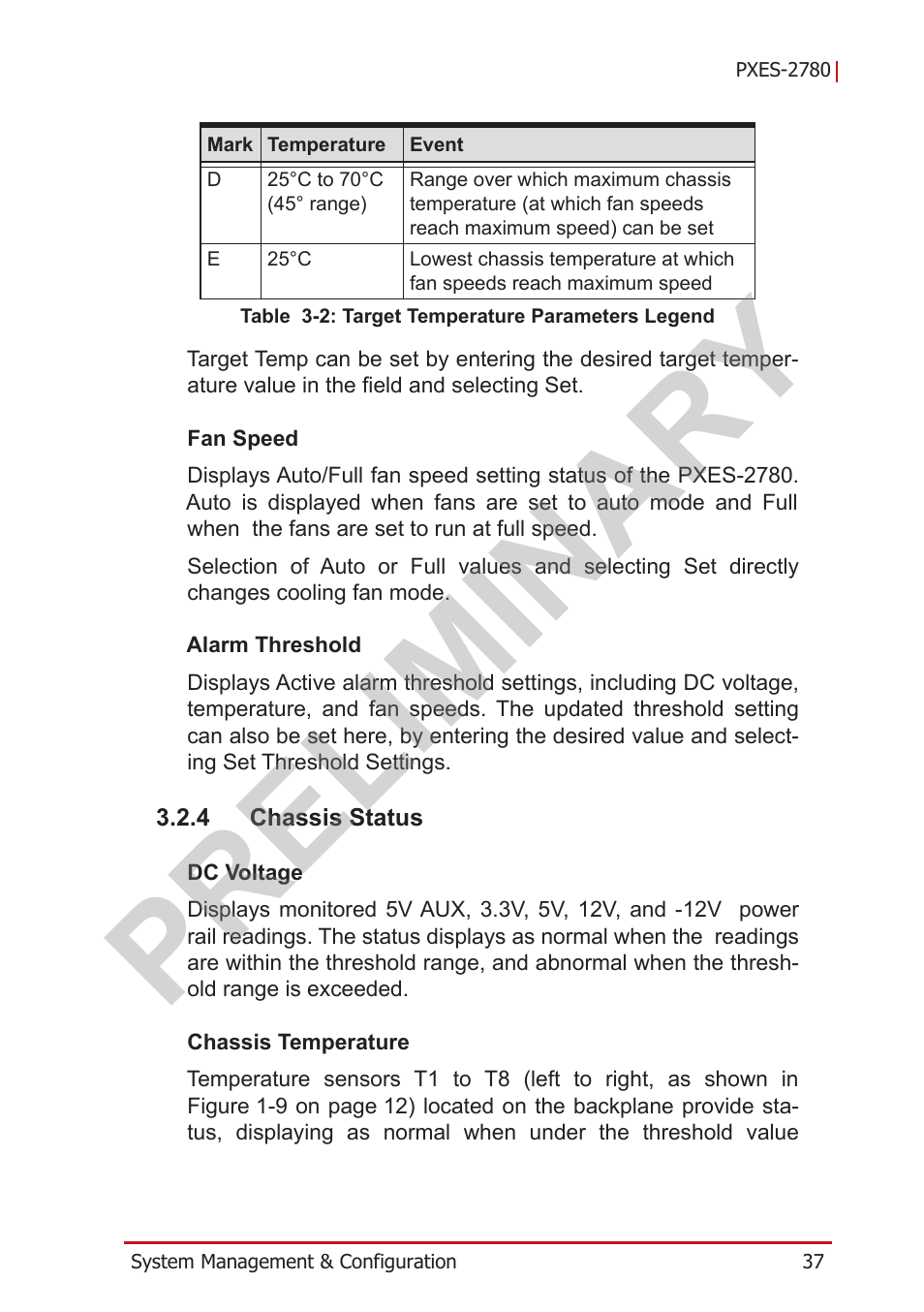 4 chassis status, Chassis status, Table 3-2: target temperature parameters legend | Preliminary | ADLINK PXES-2780 User Manual | Page 47 / 56